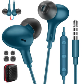 ASKUBSKU front view of blue earbuds showing compact packaging and clear model label, convenient carry benefit