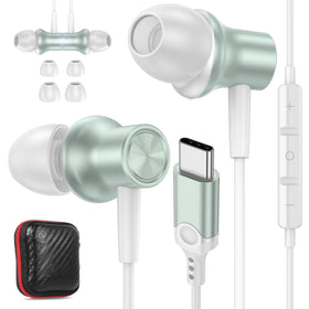 ASKUBSKU front view of green earbuds packaging showing model and benefits