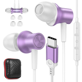 ASKUBSKU front packaging showing purple USB-C earbuds and specs, conveys reliable features