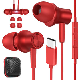 ASKUBSKU front packaging showing red USB-C headphones and benefits