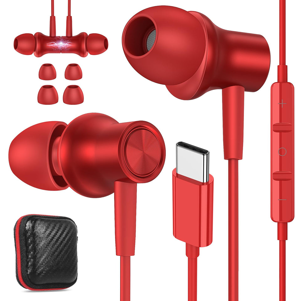 ASKUBSKU front packaging showing red USB-C headphones and benefits