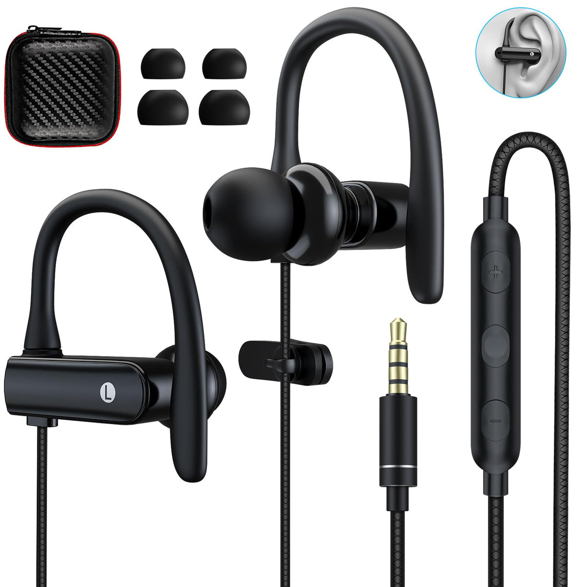 ASKUBSKU front packaging view showing earbuds and headphone features, clear unboxing benefit