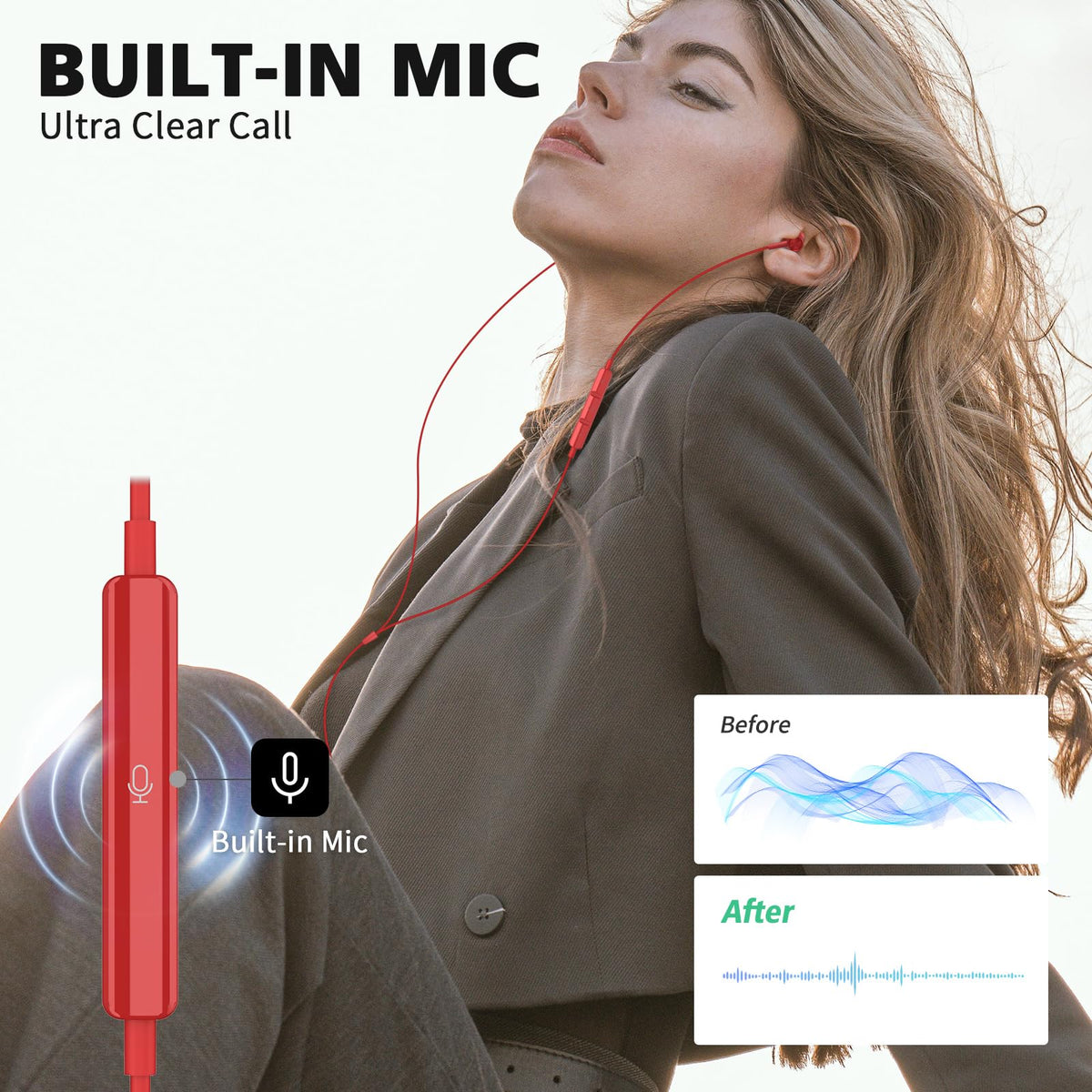 ASKUBSKU magnetic earbuds worn around neck to prevent tangles