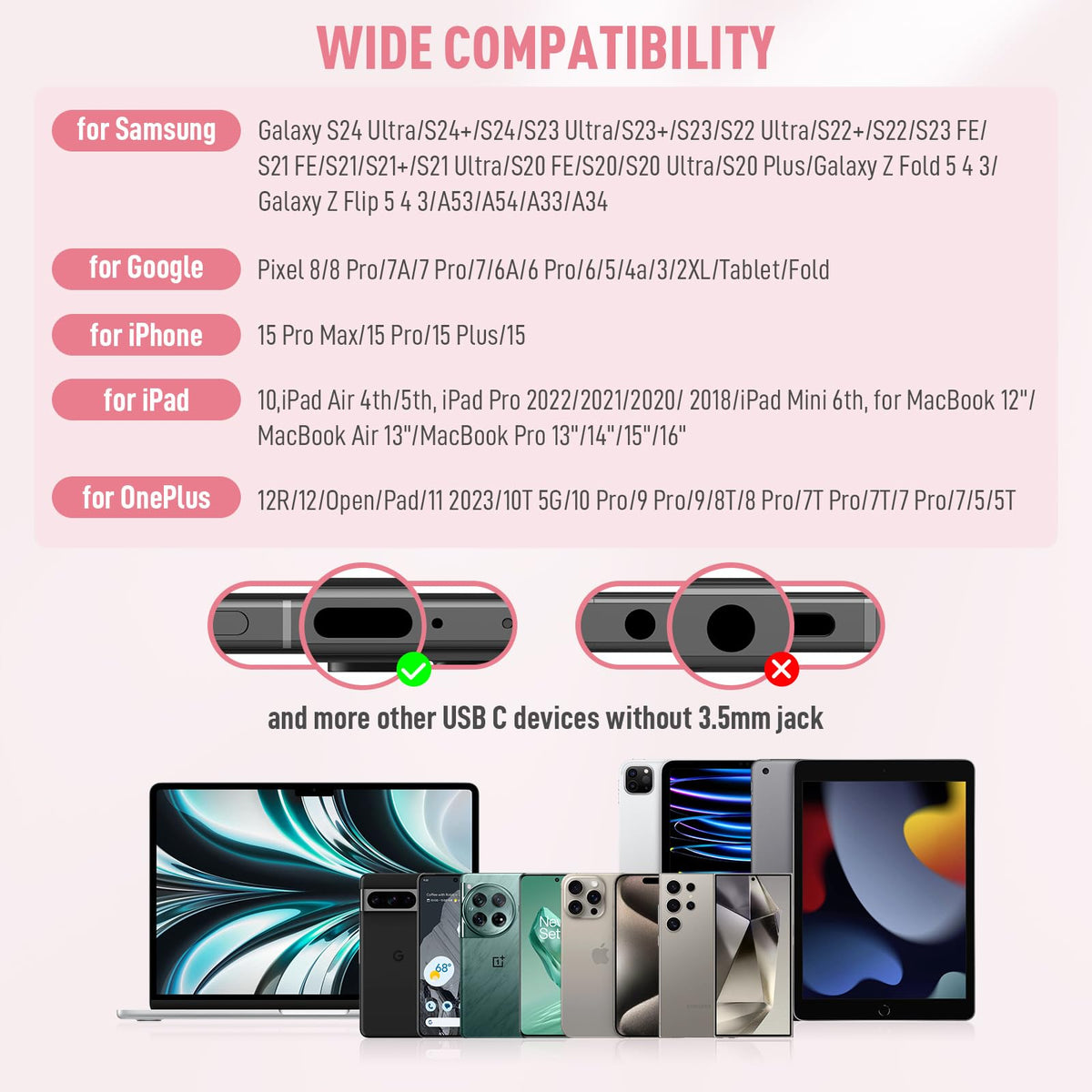 ASKUBSKU USB-C headphones universal compatibility covers phones, tablets, and laptops across major brands