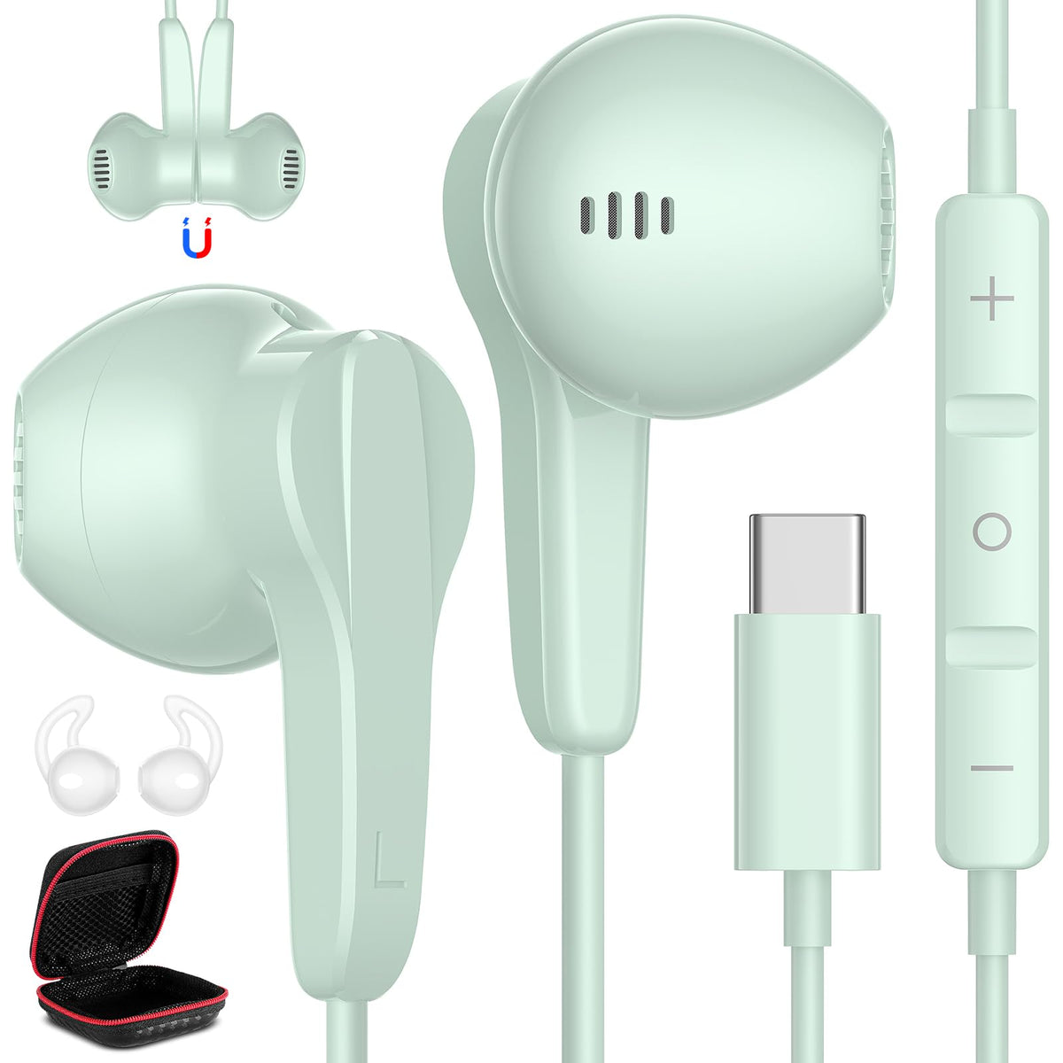 ASKUBSKU USB-C headphones green-earbuds for immersive workouts and music.