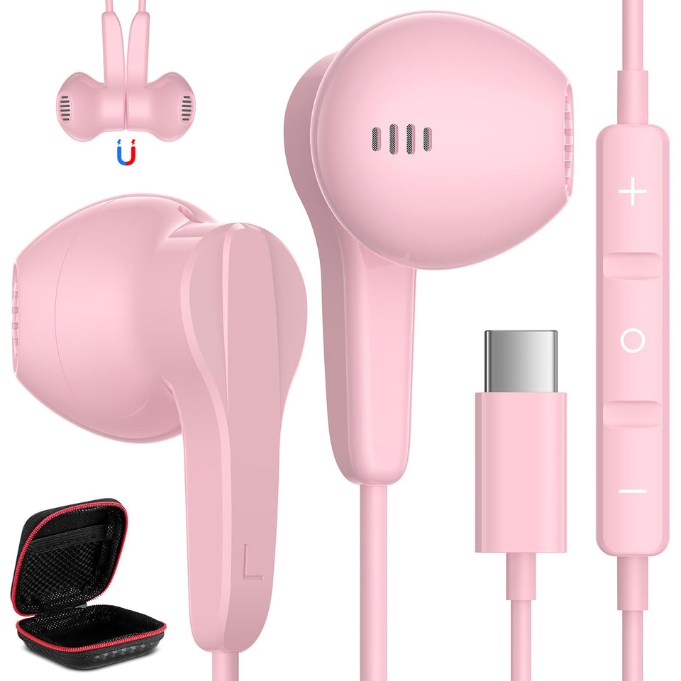 ASKUBSKU USB-C headphones with magnet keep the pink neckwear secure during workouts