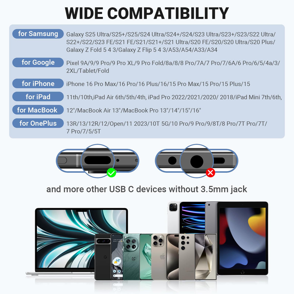 ASKUBSKU USB-C headphones wide compatibility with Galaxy and iPhone devices.