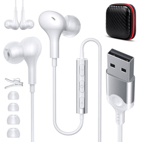 ASKUBSKU USB ear buds with microphone on desk, ready for online meetings
