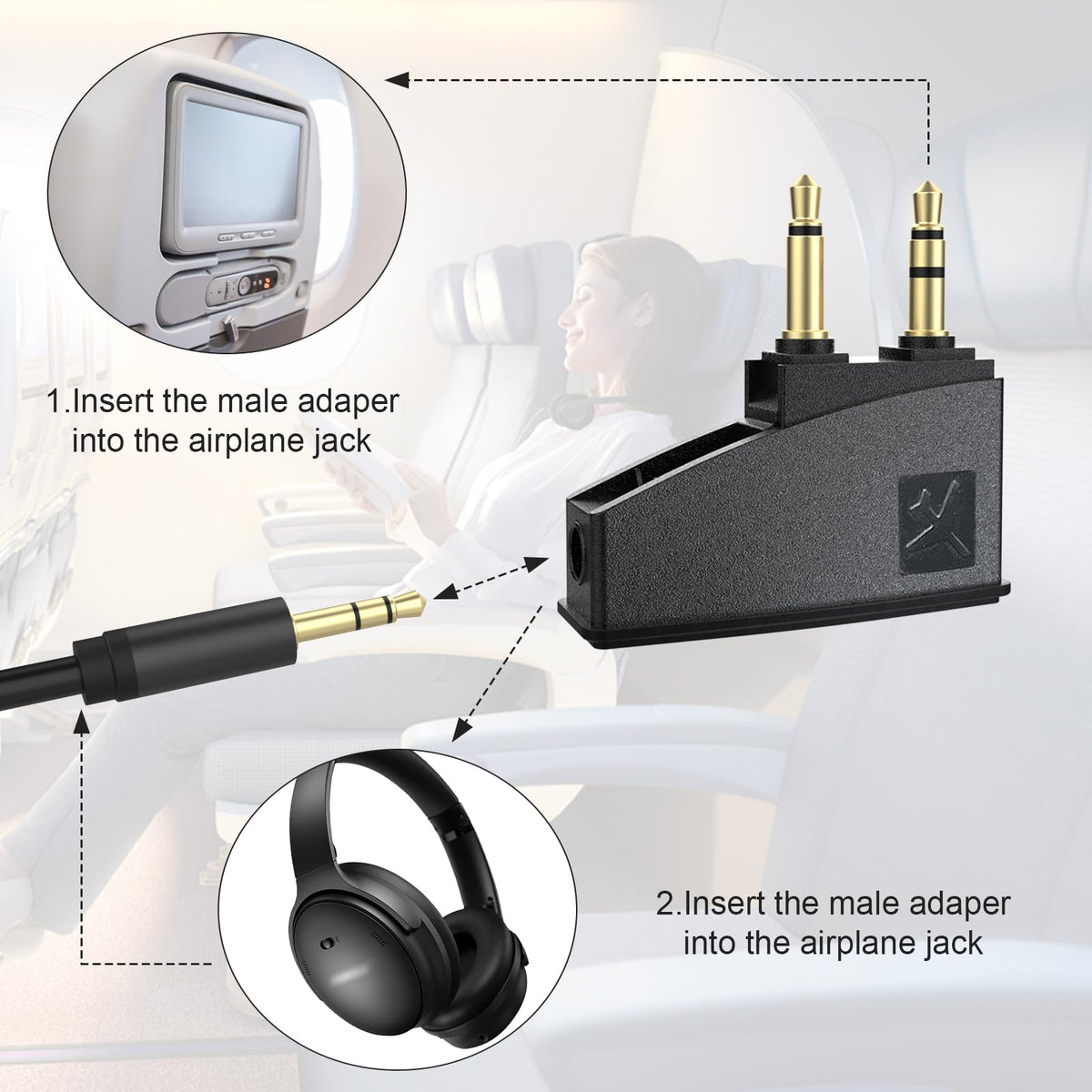 Asobilor adapter connected to headphones in use showing comfortable travel listening