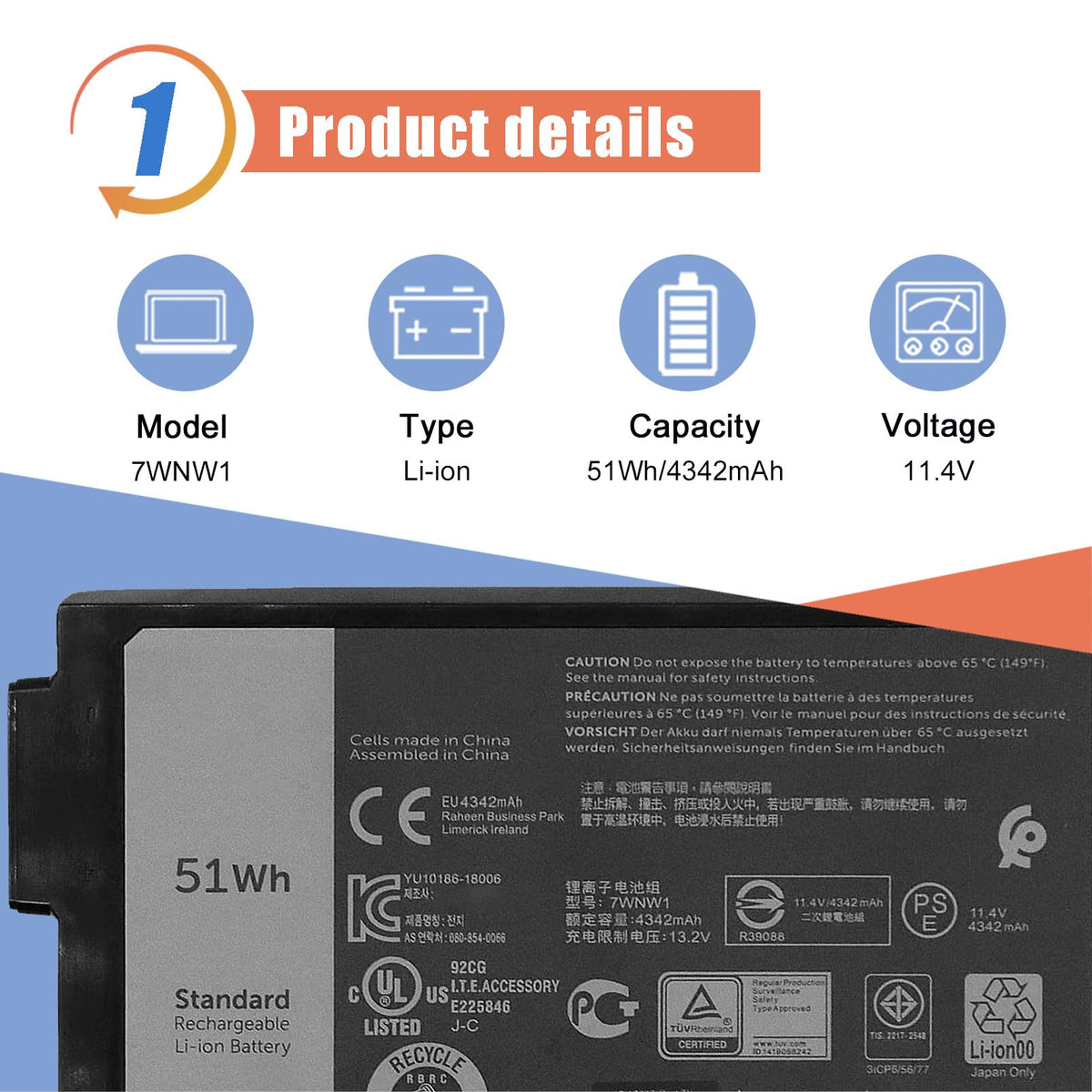 ASODI battery label and connector closeup highlighting correct Dell compatibility