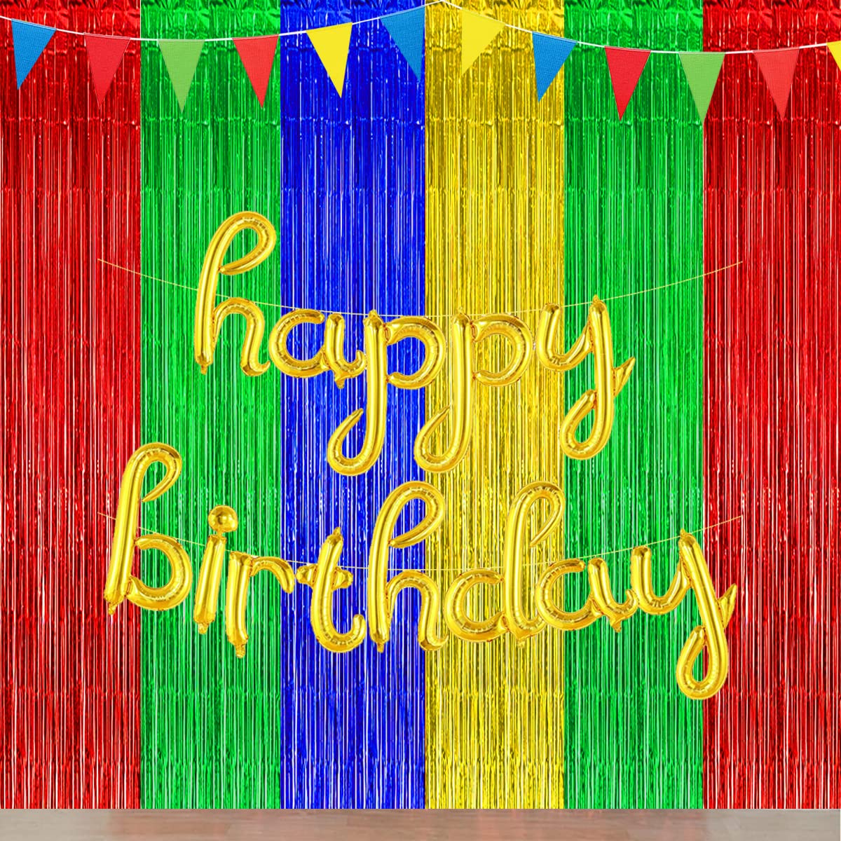 Asonlye blue red green yellow foil fringe curtain adds festive sparkle