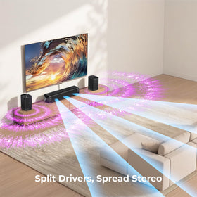 Assistrust sound bar EQ modes for movie, music, and news content