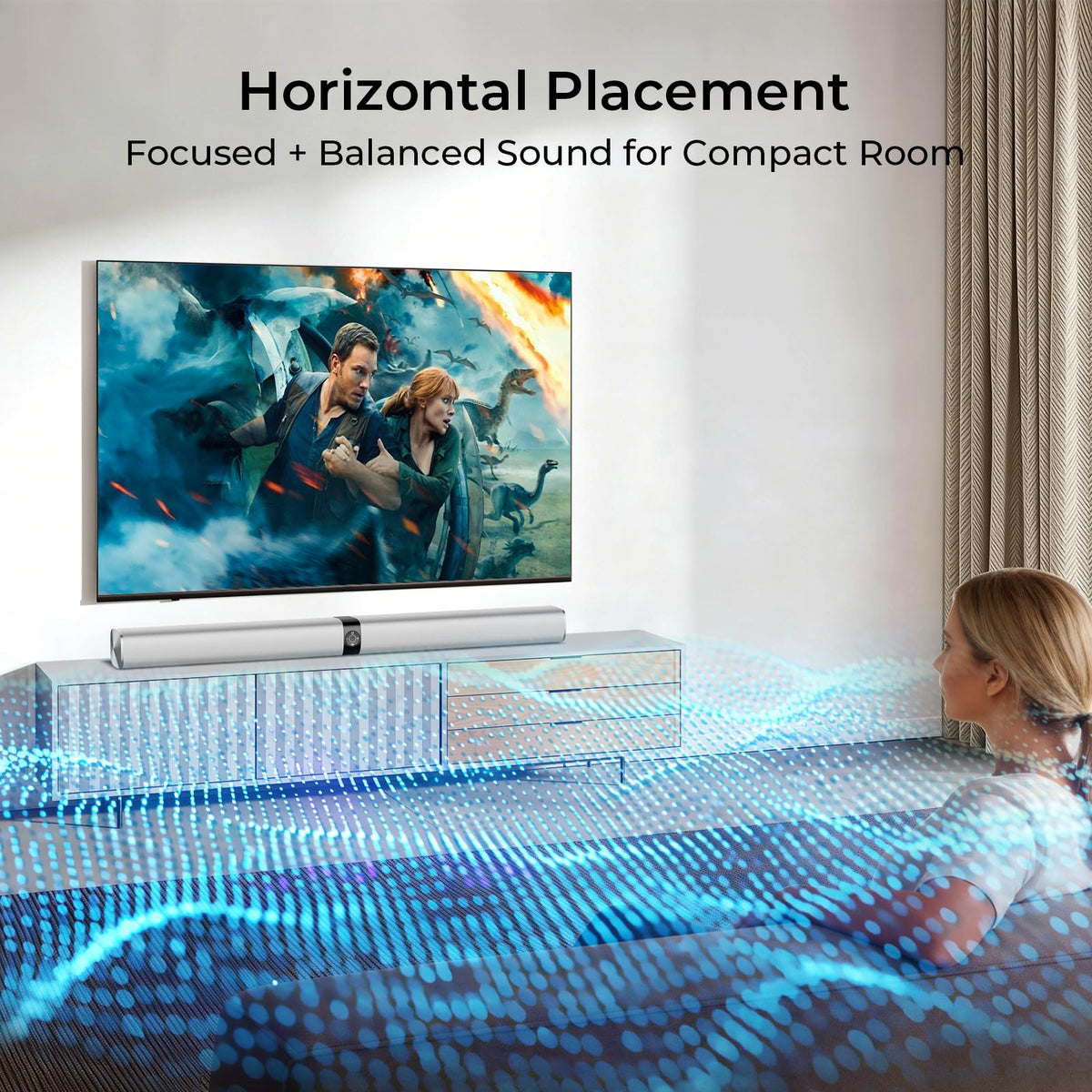 Assistrust sound bar on a horizontal tabletop offers vibrant volume and stable sound
