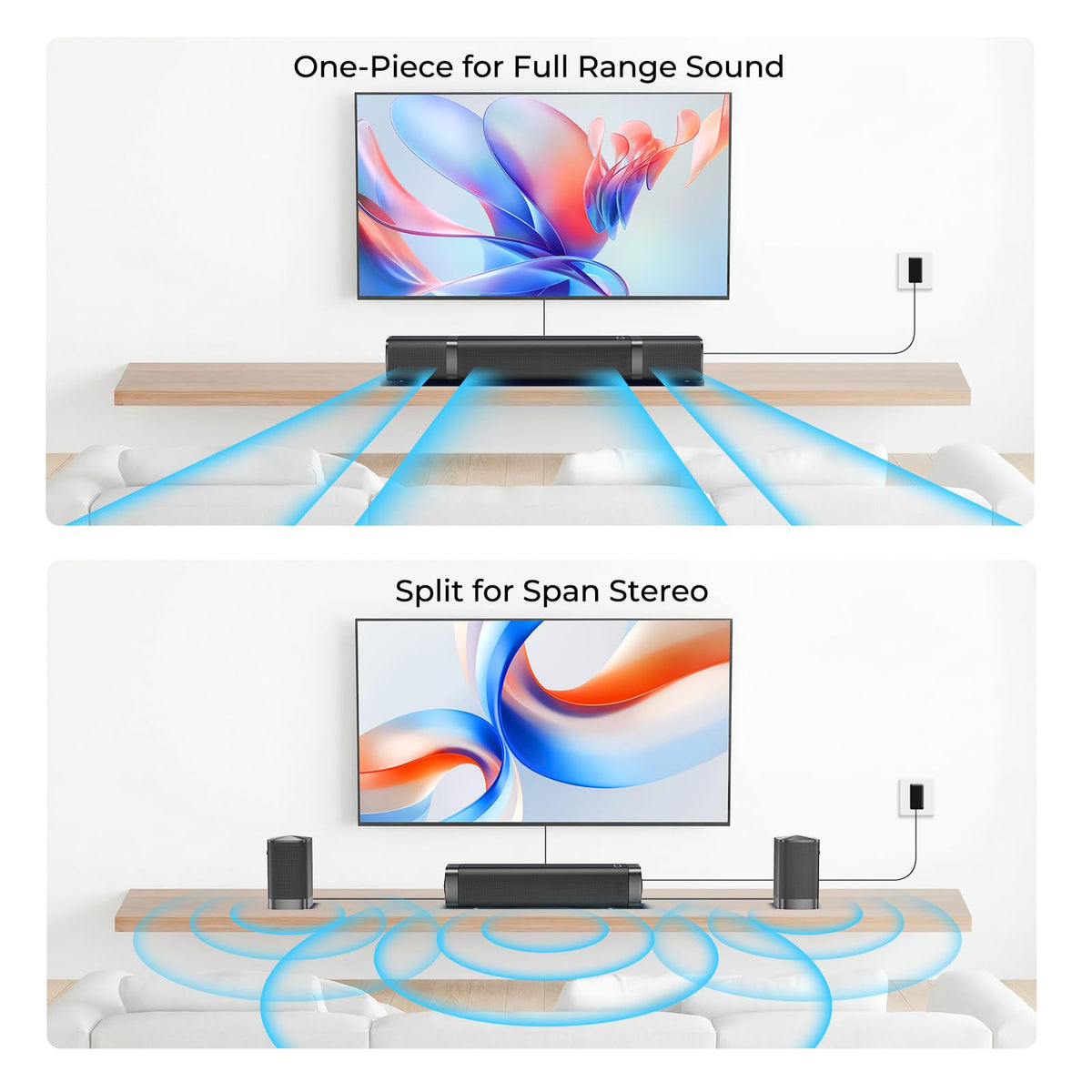 Assistrust sound bar on tabletop setup for balanced, room-filling sound