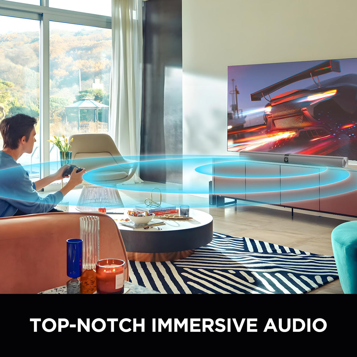 Assistrust sound bar with 80W boost clarifying footsteps and effects