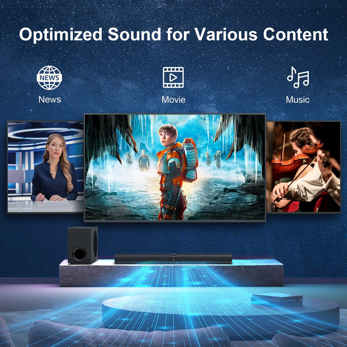 Assistrust soundbar back ports with ARC/OPT/AUX for seamless connections.