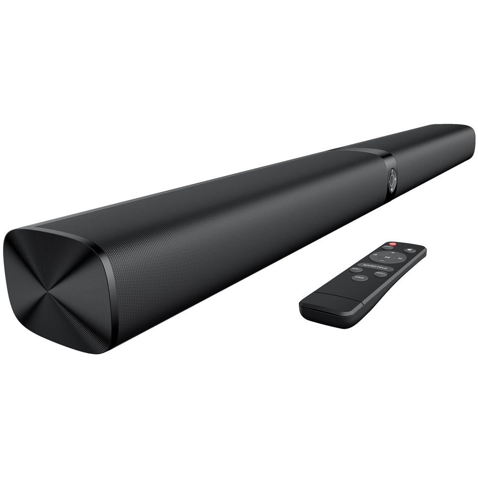 Assistrust soundbar front view showing sleek profile and powerful audio
