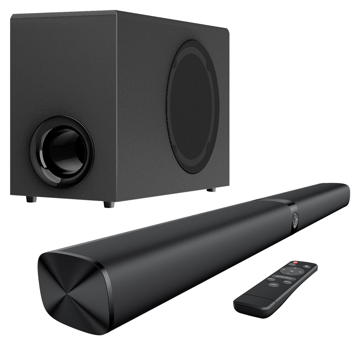 Assistrust sound bar with wired subwoofer front view for immersive room sound.