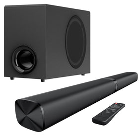Assistrust sound bar with wired subwoofer front view for immersive room sound.