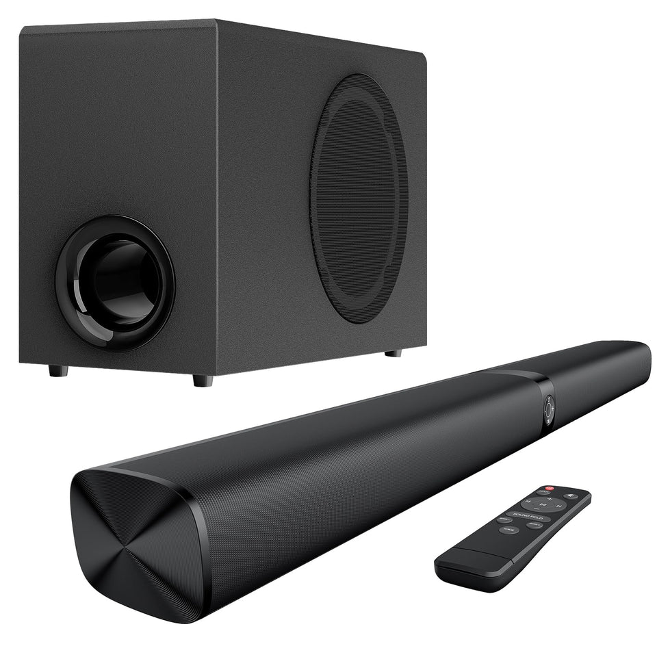 Assistrust sound bar with wired subwoofer front view for immersive room sound.