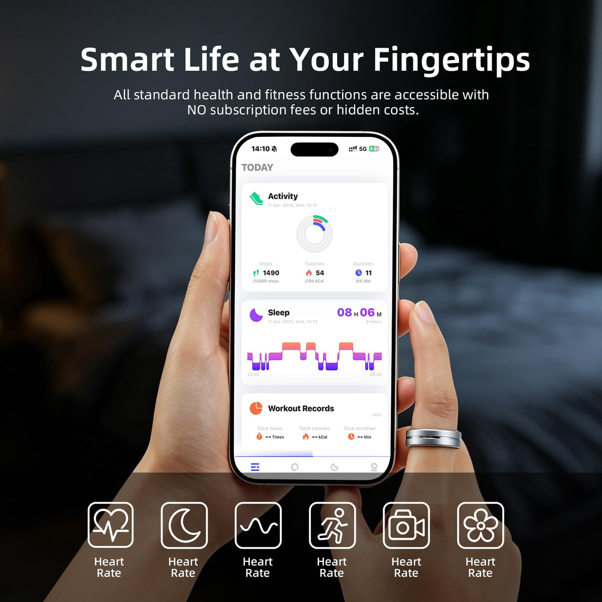 Asteraty ring monitors heart rate, SpO2, and HRV for recovery awareness.