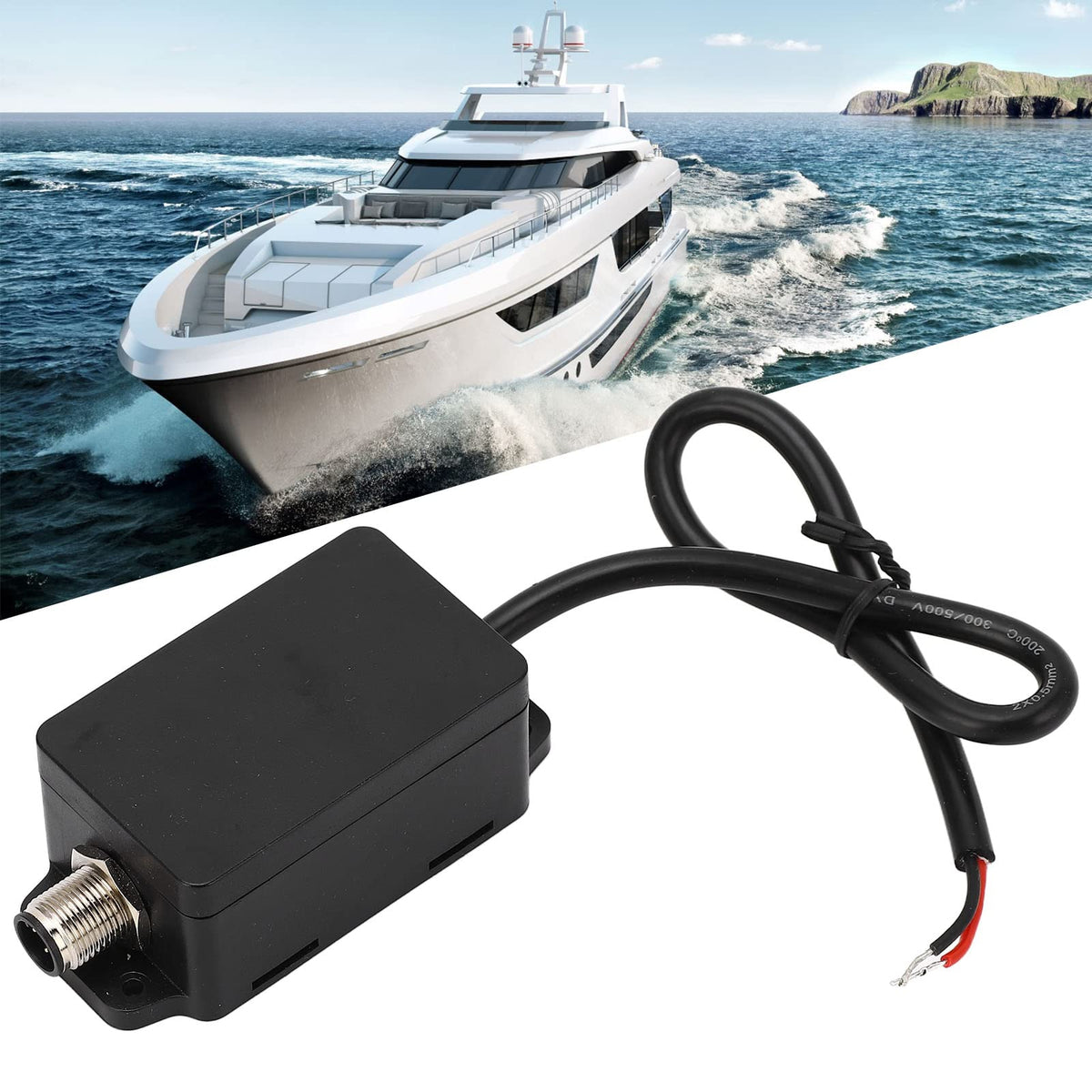 Astibym NMEA2000 converter with sturdy metal housing ready for marine use.