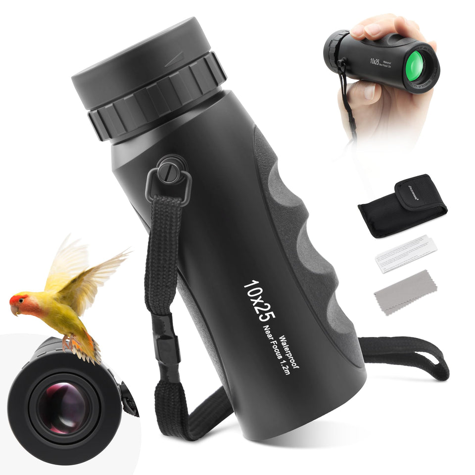 Astromania monocular front view showing compact design and clear optics benefit portability