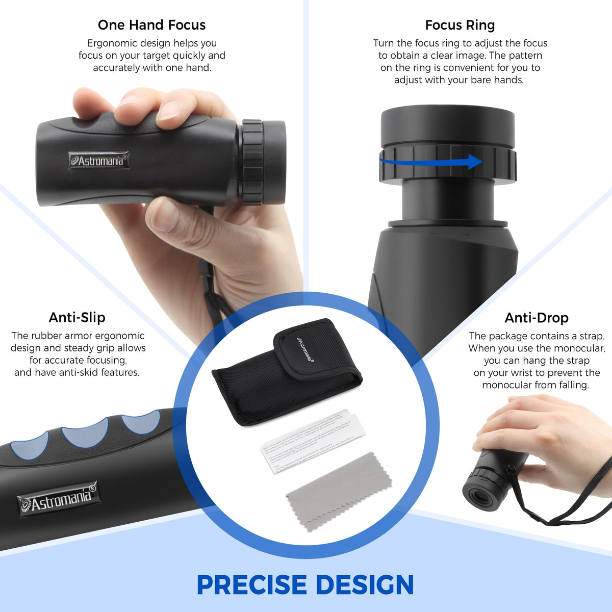 Astromania monocular held in hand demonstrating pocket-size scale and lightweight benefit