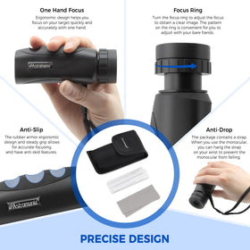 Astromania monocular held in hand demonstrating pocket-size scale and lightweight benefit