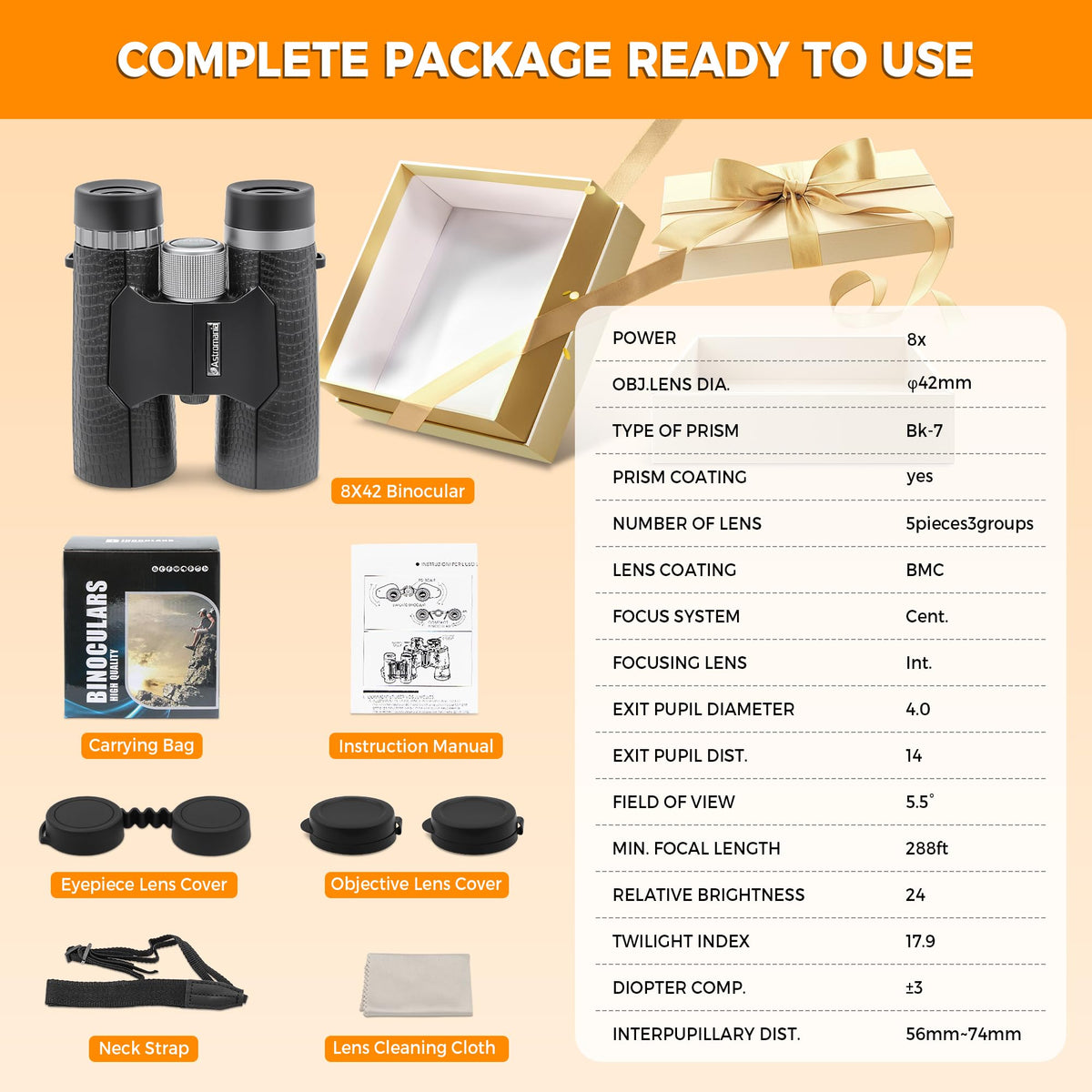 Astromania packaging and accessories showing included strap and protective case