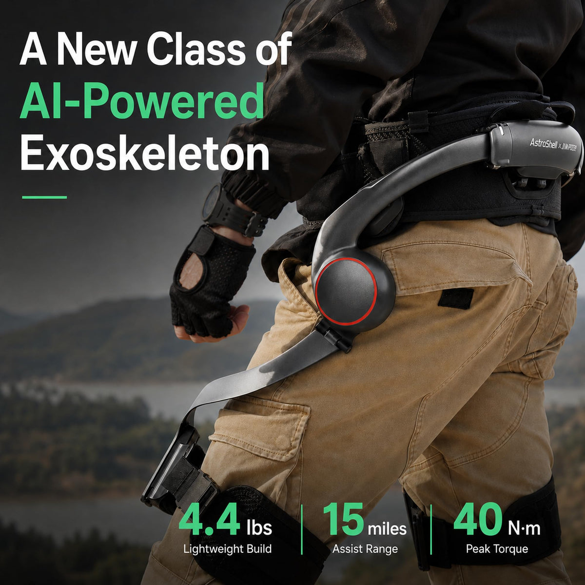 AstroShell exoskeleton 1000W peak power aids climbs and hills.