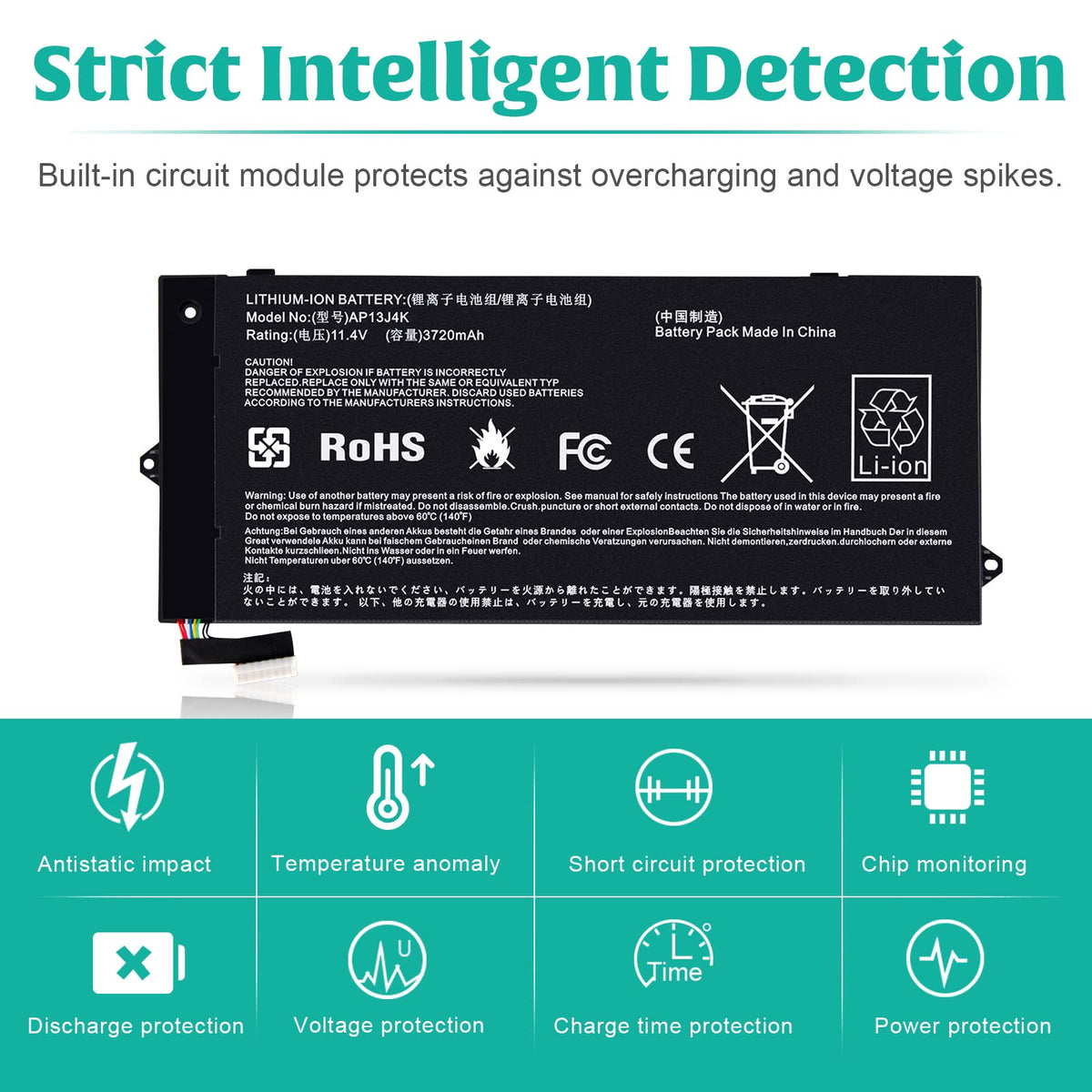 ASUNCELL AP13J4K 11.4V 4-cell graphic, compact design with short cable.