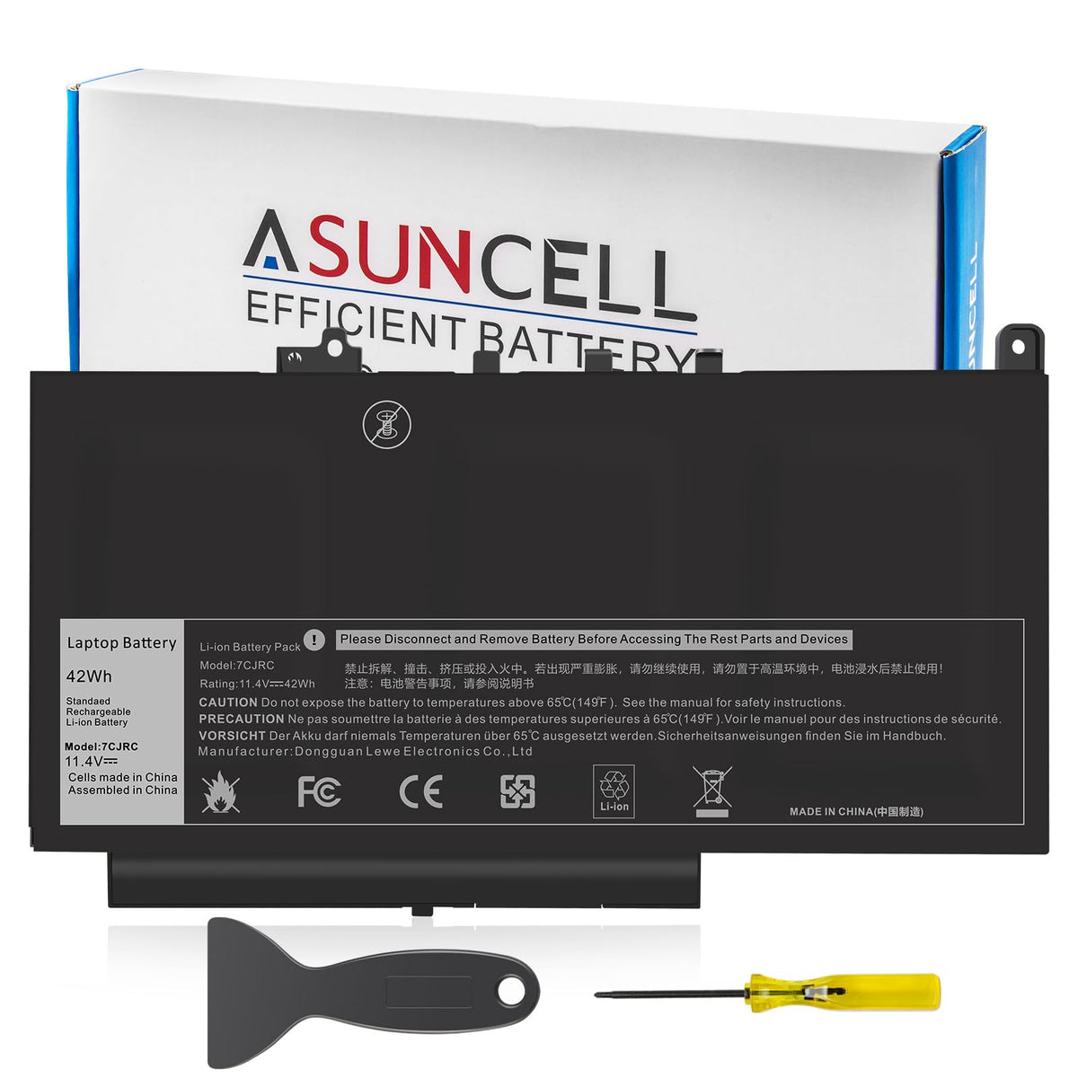 ASUNCELL 7CJRC battery close-up highlights 32Wh capacity for longer use.