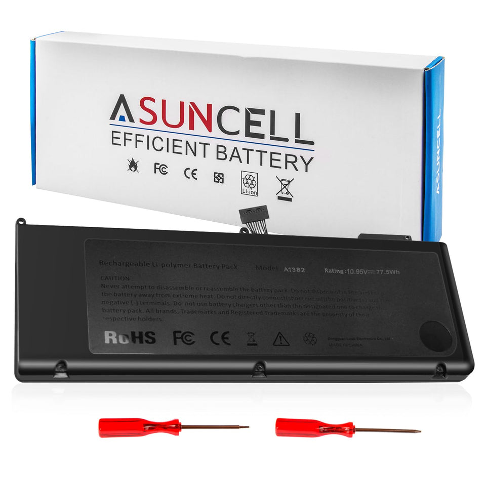 ASUNCELL A1382 front packaging showing battery and included tools, quick replacement benefit