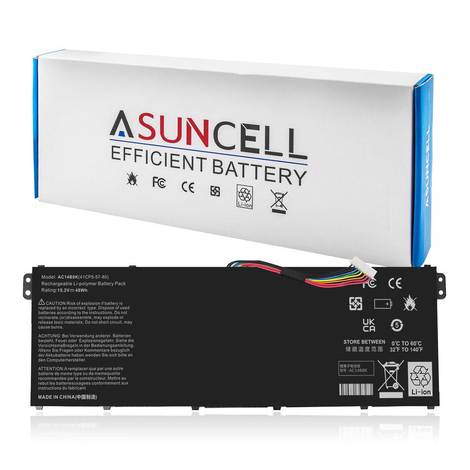 ASUNCELL AC14B8K battery packaging for Acer laptops.