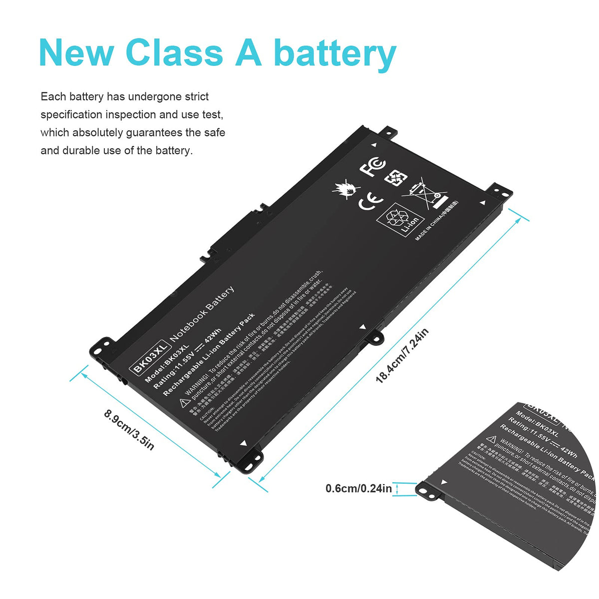 ASUNCELL BK03XL battery packaging emphasizes safety and performance features.