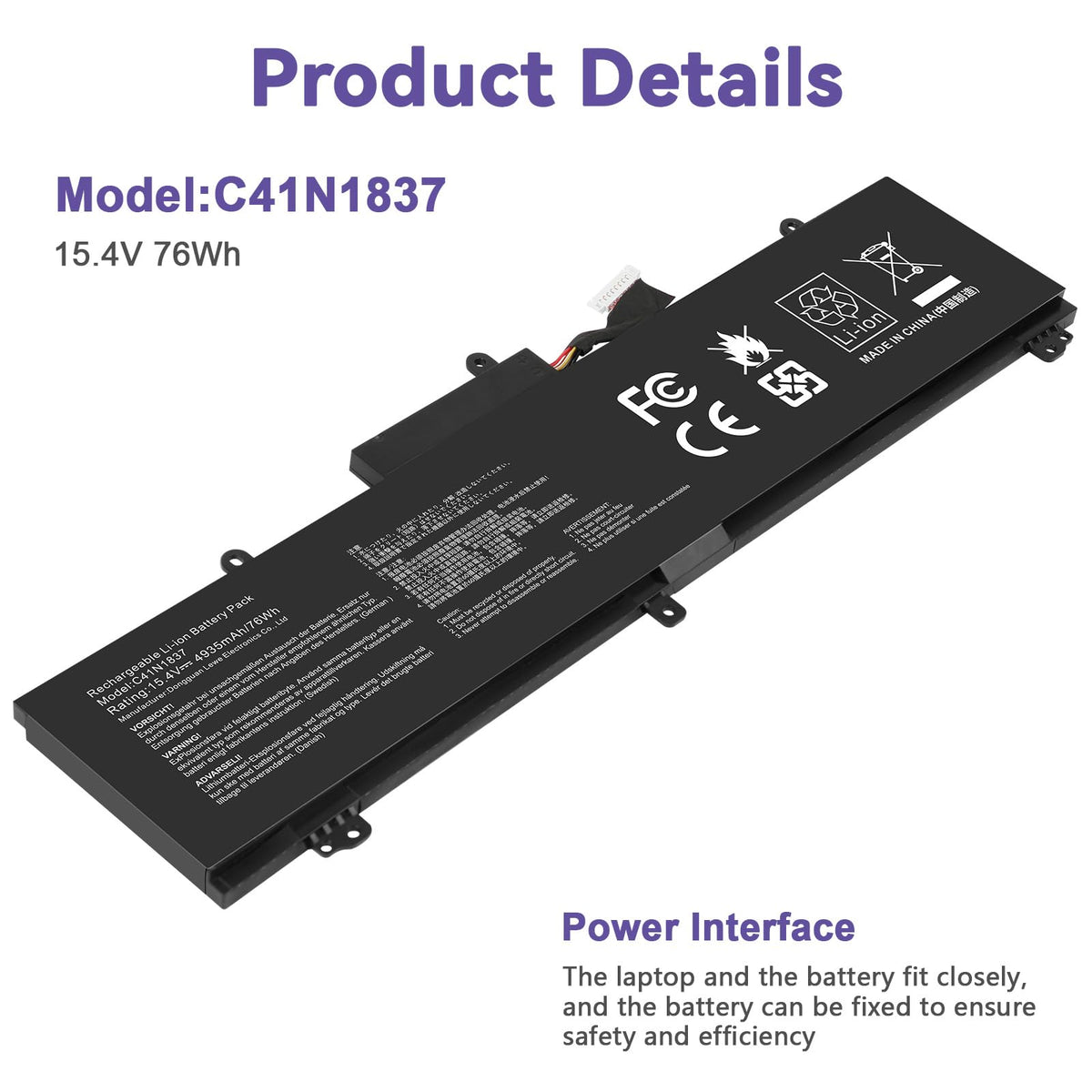 ASUNCELL C41N1837 label with specs and compatibility information