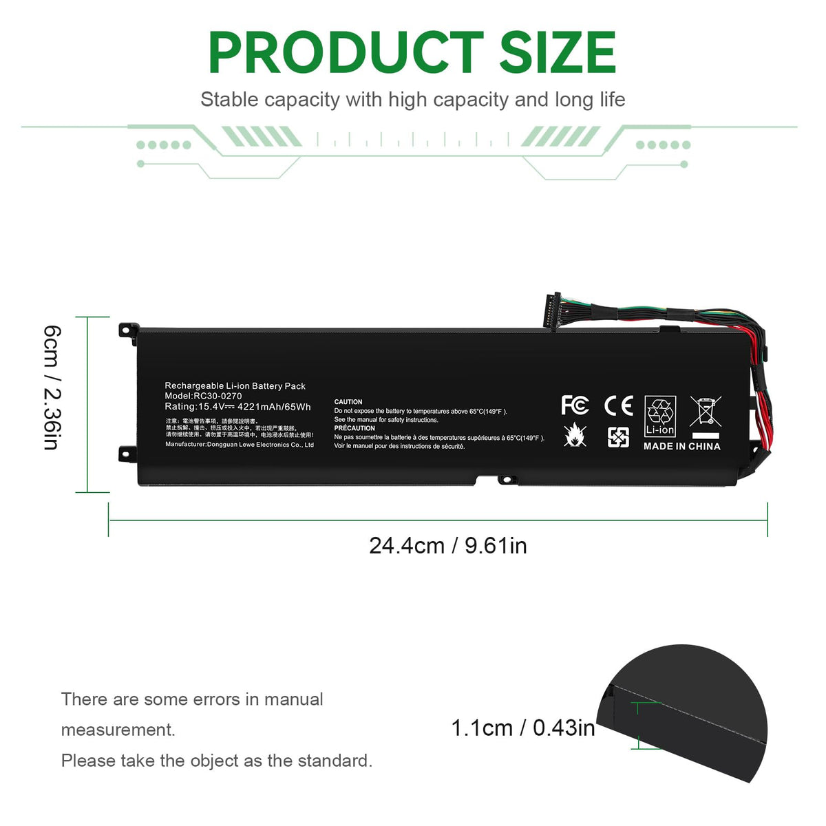 ASUNCELL RC30-0270 battery for Razer Blade 15; side cables indicate connector layout.