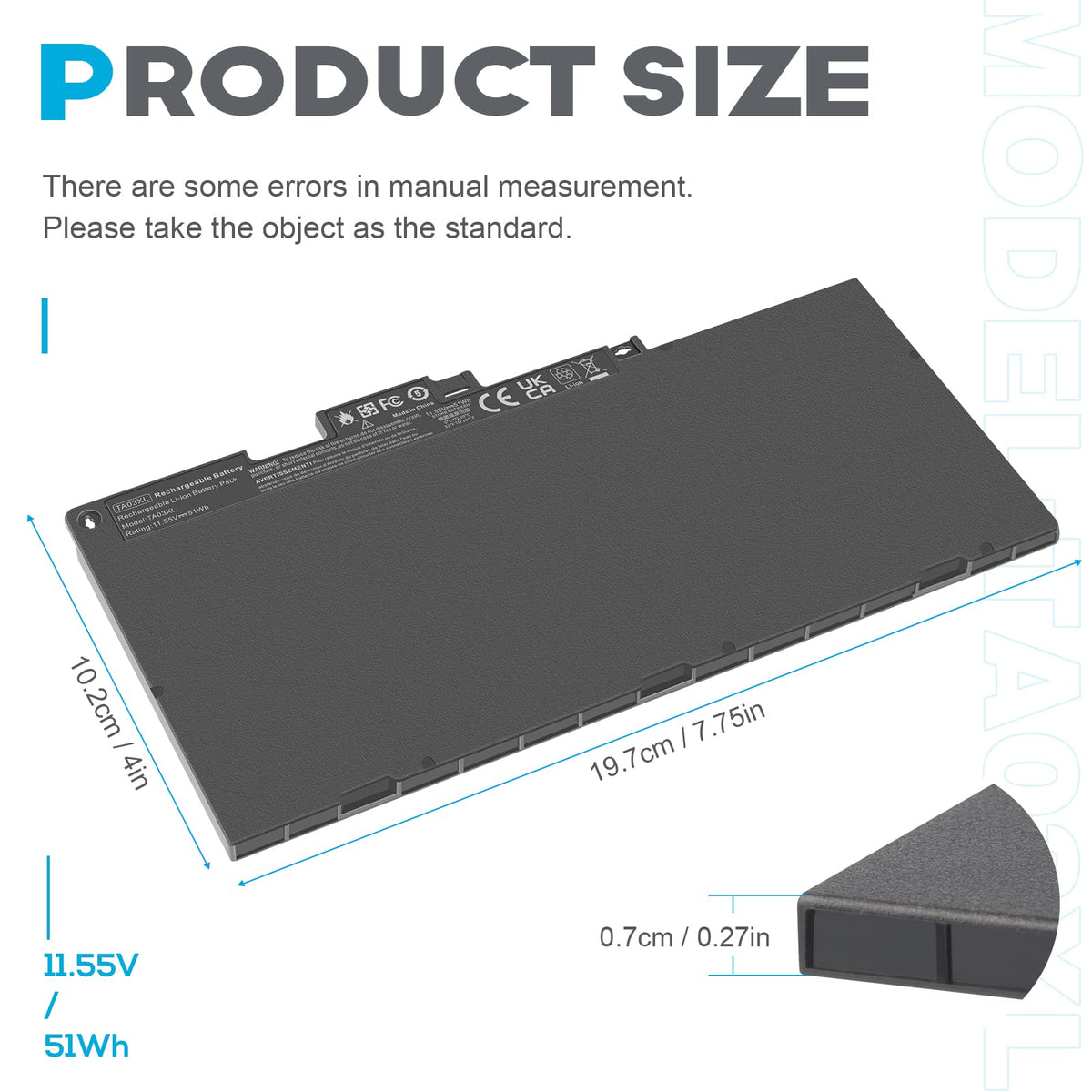 ASUNCELL TA03XL battery ZBook 14U/15U G4 side view, dependable power