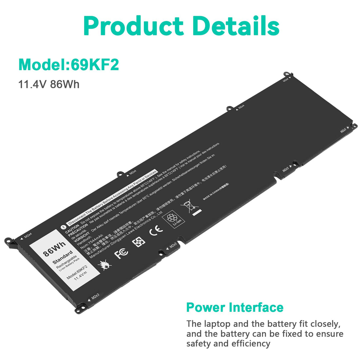 ASUNCELL top view of the 86Wh 6-cell battery pack, highlights compact high-capacity design