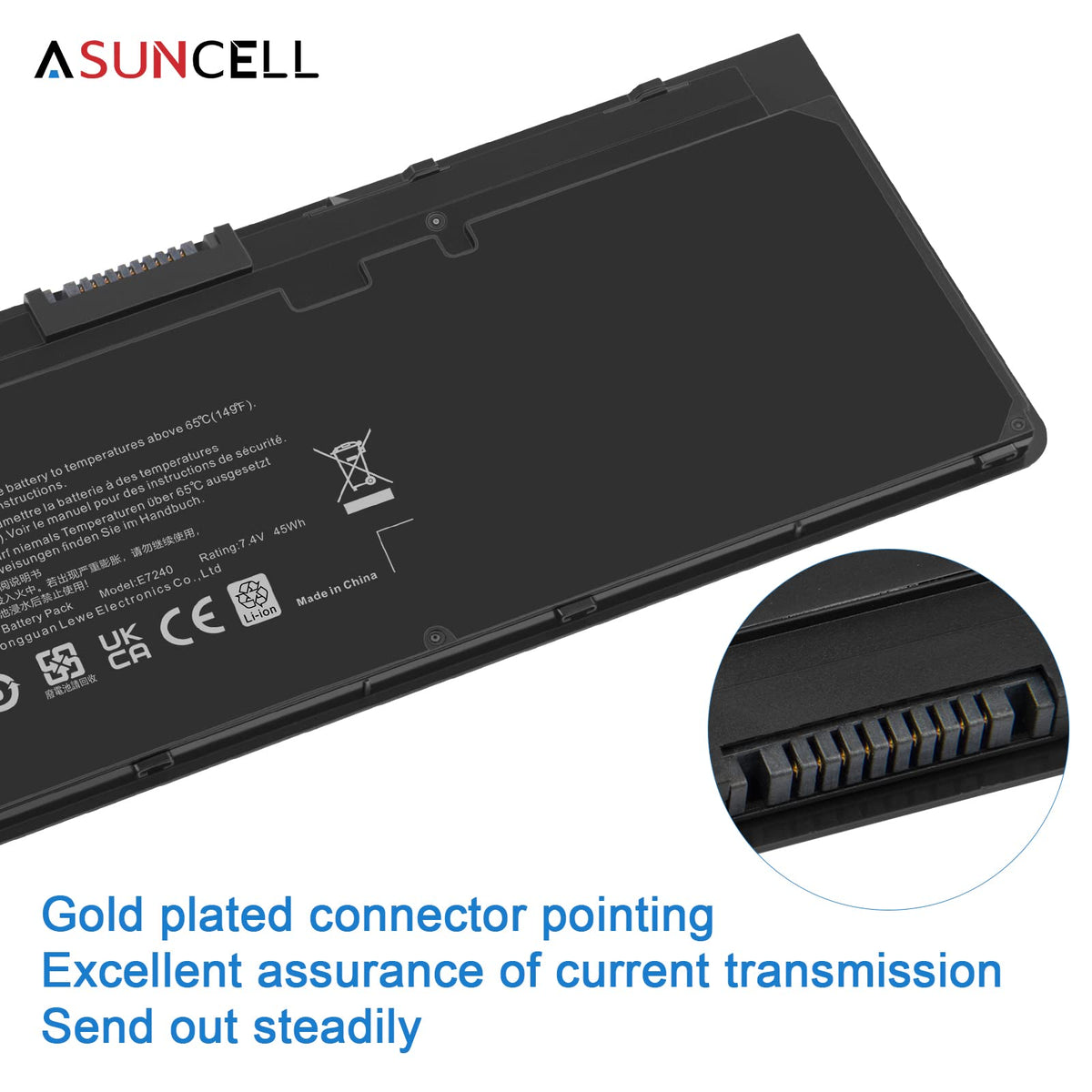 ASUNCELL Certifications badge on the battery for safety and compliance