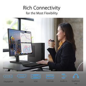 Ergonomic stand supports tilt, swivel, pivot, and height adjustment for comfort.