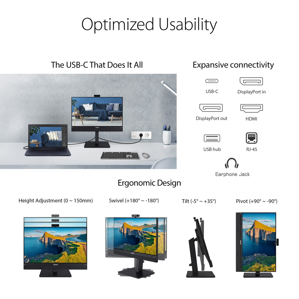 ASUS BE24ECSNK height-adjustable stand supports ergonomic seating.