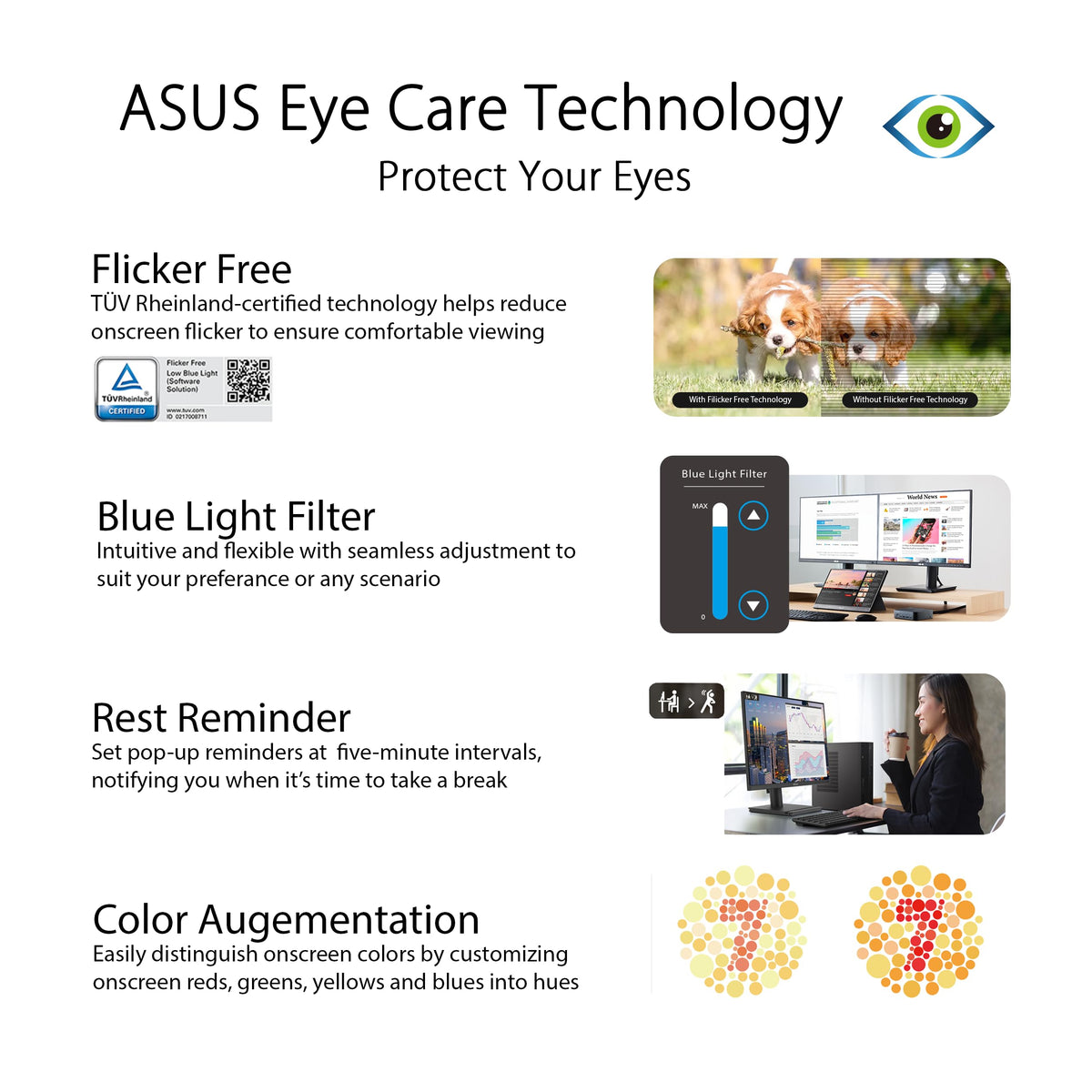 ASUS BE27ACGN eye care with flicker-free and low blue light to reduce strain