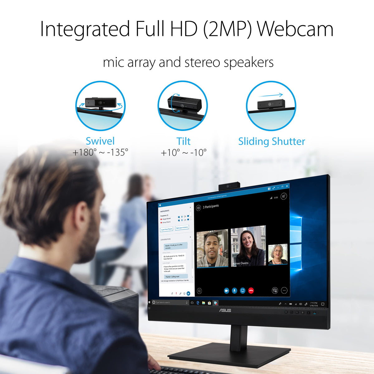 ASUS BE27ACSBK built-in webcam enhances virtual meetings with clear video.