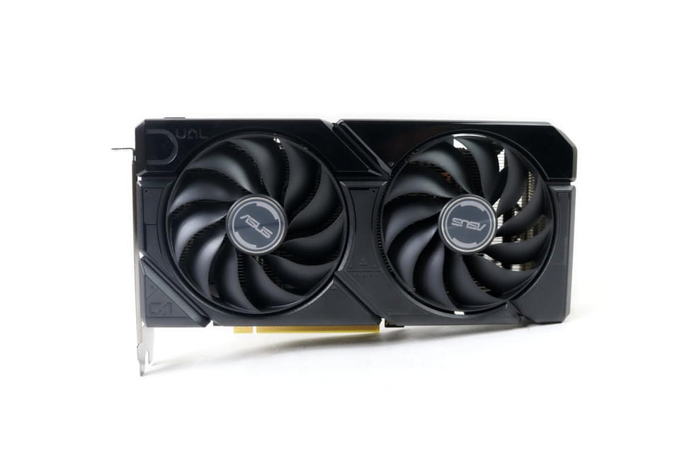 ASUS Dual RTX 4060 V2 OC Edition front view showing compact 2-slot design for tight builds