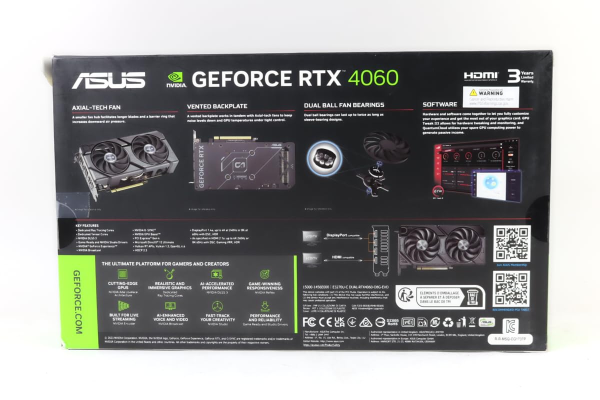 ASUS Dual RTX 4060 V2 OC Edition in a gaming rig setup with display outputs