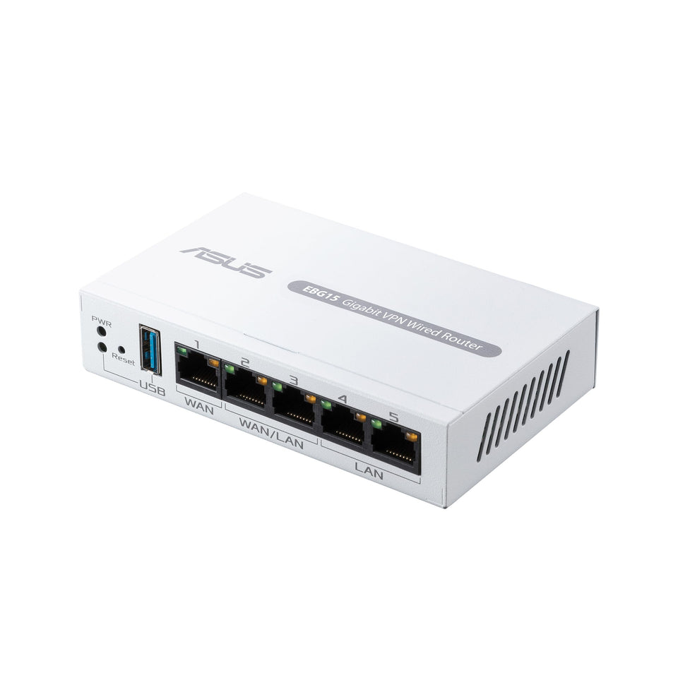 ASUS ExpertWiFi EBG15 front view shows a compact business router ideal for small offices.