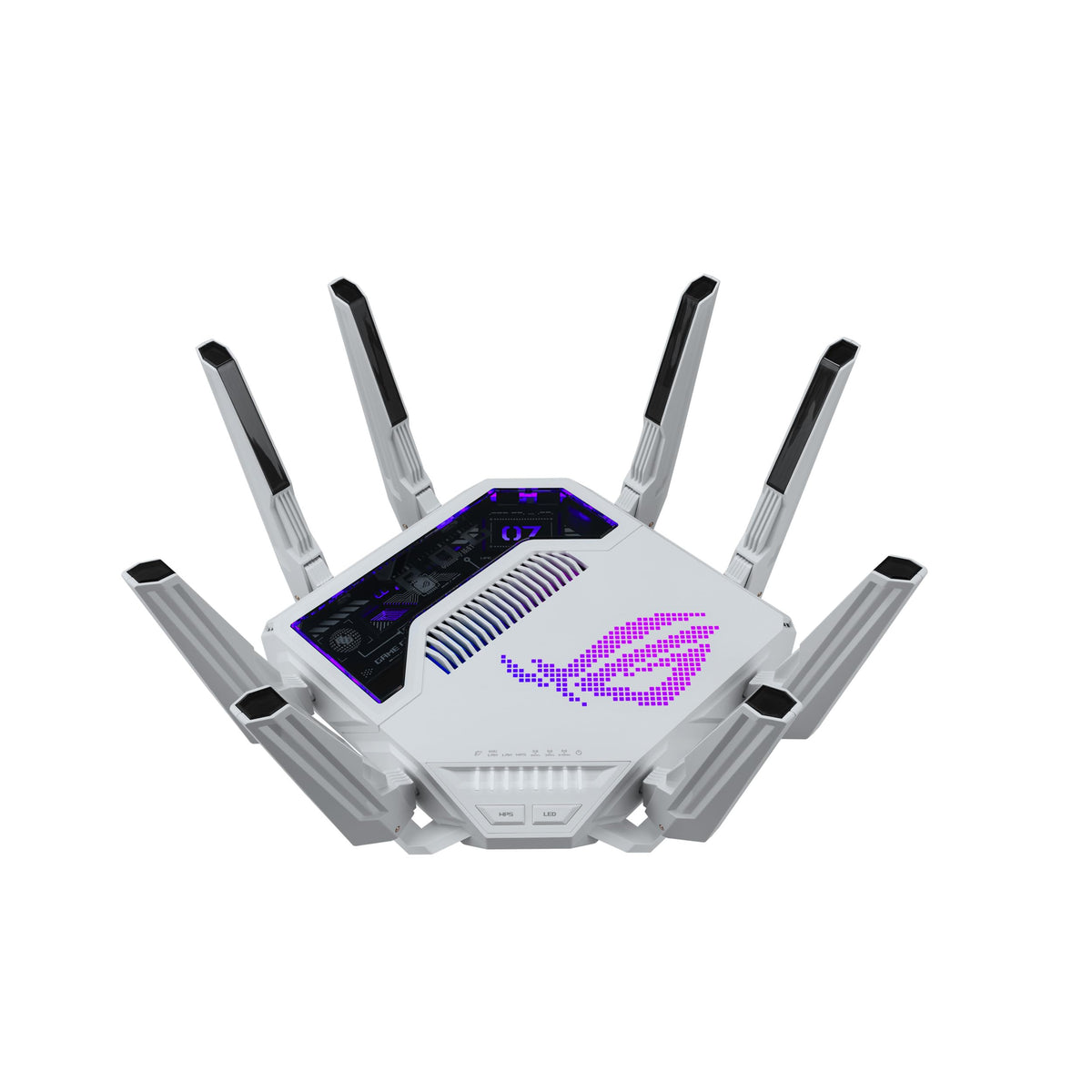 ASUS GT-BE19000AI front view shows sleek gaming router design for quick setup