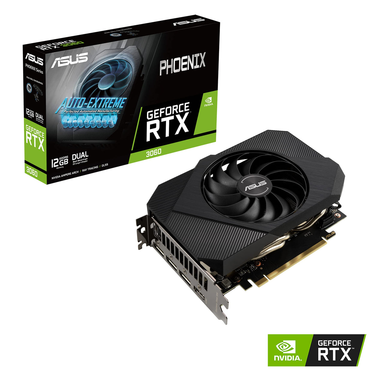 ASUS Phoenix RTX 3060 V2 backplate detail shows durable protection.